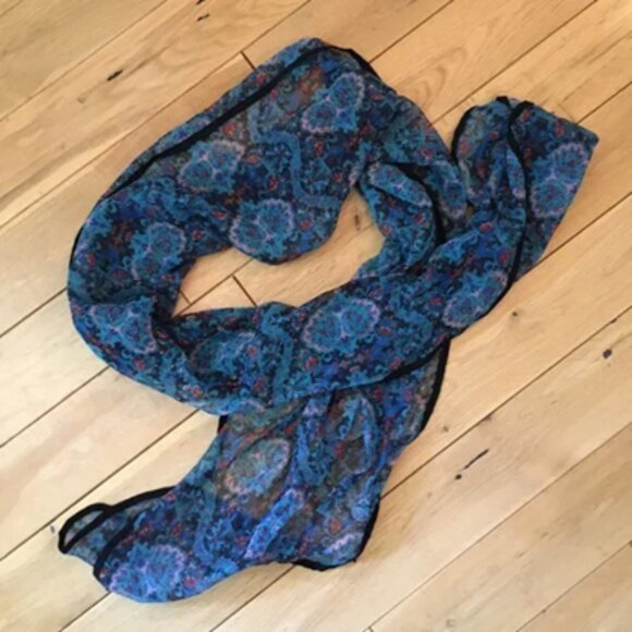 Sheer Blue Floral Damask Tapered Boho Scarf - Picture 14 of 16